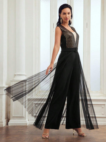 MOTF PREMIUM CONTRAST SEQUINS MESH PANEL BUCKLE BELTED JUMPSUIT