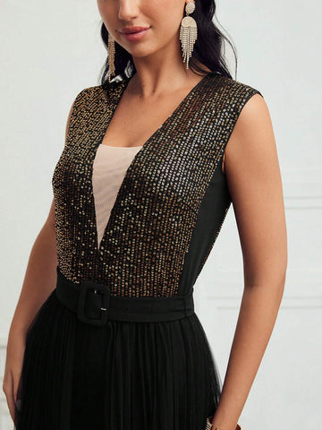 MOTF PREMIUM CONTRAST SEQUINS MESH PANEL BUCKLE BELTED JUMPSUIT