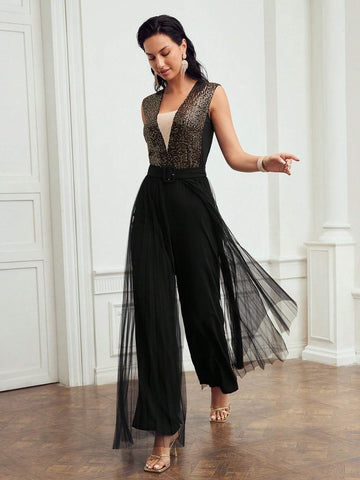 MOTF PREMIUM CONTRAST SEQUINS MESH PANEL BUCKLE BELTED JUMPSUIT