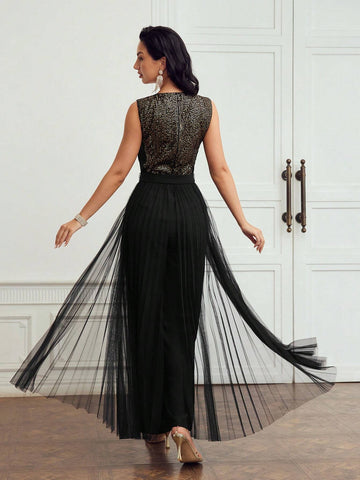 MOTF PREMIUM CONTRAST SEQUINS MESH PANEL BUCKLE BELTED JUMPSUIT