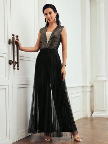 MOTF PREMIUM CONTRAST SEQUINS MESH PANEL BUCKLE BELTED JUMPSUIT