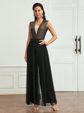 MOTF PREMIUM CONTRAST SEQUINS MESH PANEL BUCKLE BELTED JUMPSUIT