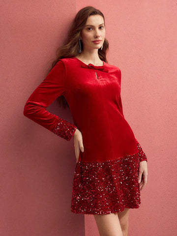 MOTF PREMIUM CONTRAST SEQUIN BOW DECOR DRESS