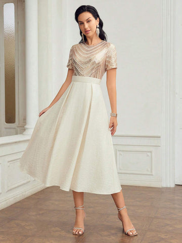 MOTF PREMIUM CONTRAST SEQUIN FLARE HEM DRESS