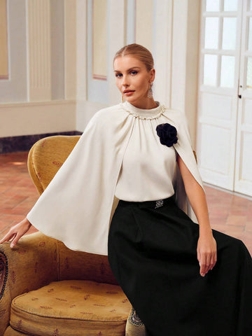 MOTF PREMIUM CONTRAST STEREO FLOWER CAPE SLEEVE MOCK NECK BLOUSE