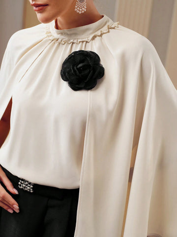 MOTF PREMIUM CONTRAST STEREO FLOWER CAPE SLEEVE MOCK NECK BLOUSE