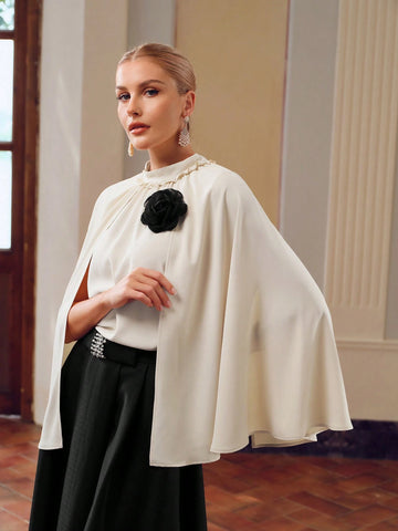 MOTF PREMIUM CONTRAST STEREO FLOWER CAPE SLEEVE MOCK NECK BLOUSE