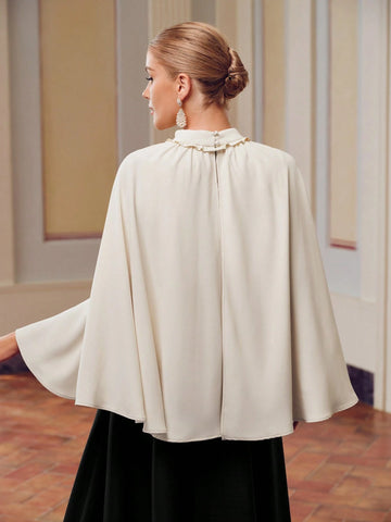 MOTF PREMIUM CONTRAST STEREO FLOWER CAPE SLEEVE MOCK NECK BLOUSE