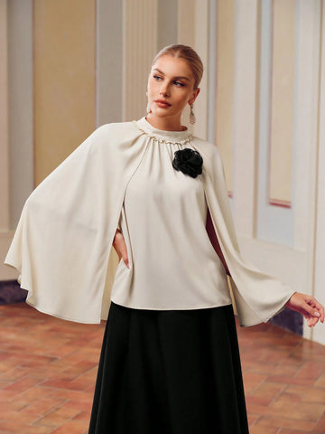 MOTF PREMIUM CONTRAST STEREO FLOWER CAPE SLEEVE MOCK NECK BLOUSE