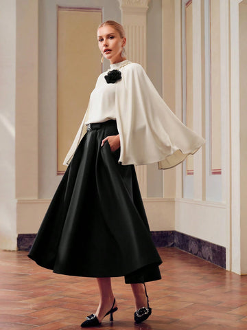 MOTF PREMIUM CONTRAST STEREO FLOWER CAPE SLEEVE MOCK NECK BLOUSE