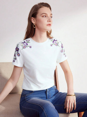 MOTF PREMIUM EMBROIDERY BUTTERFLY AND FLORAL PATTERN TEE