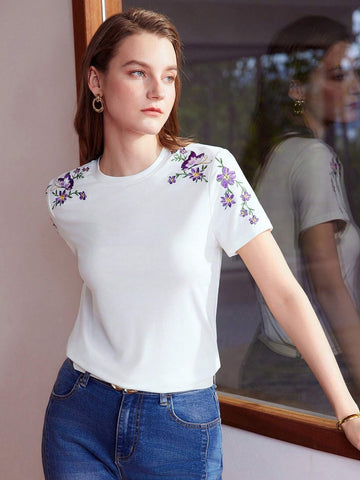 MOTF PREMIUM EMBROIDERY BUTTERFLY AND FLORAL PATTERN TEE