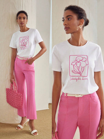 MOTF PREMIUM EMBROIDERY FLORAL AND LETTER PATTERN TEE