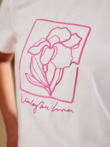 MOTF PREMIUM EMBROIDERY FLORAL AND LETTER PATTERN TEE