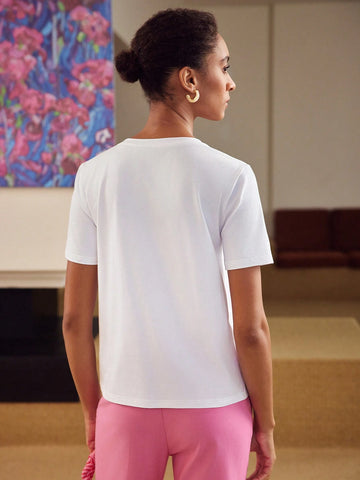 MOTF PREMIUM EMBROIDERY FLORAL AND LETTER PATTERN TEE