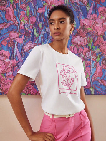 MOTF PREMIUM EMBROIDERY FLORAL AND LETTER PATTERN TEE