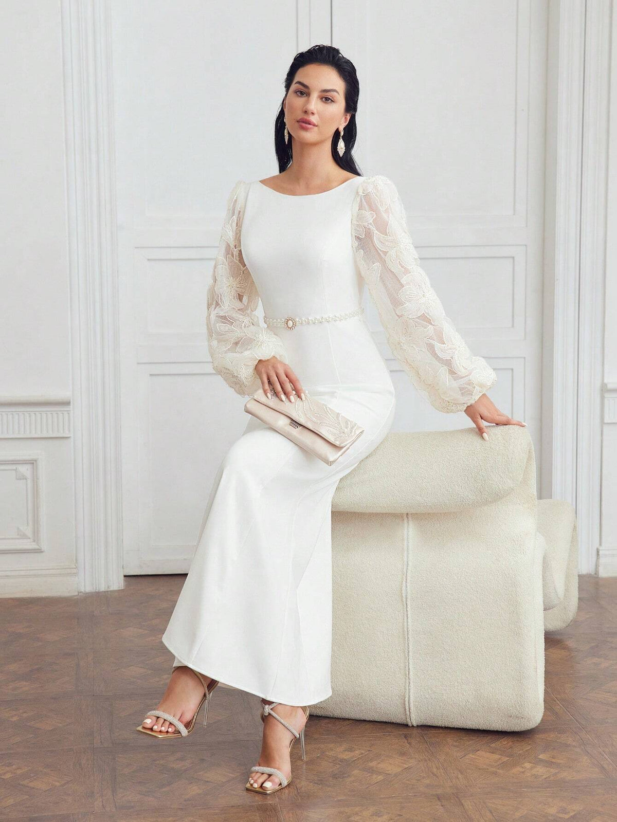 MOTF PREMIUM EMBROIDERY FLORAL MESH LANTERN SLEEVE MERMAID HEM DRESS