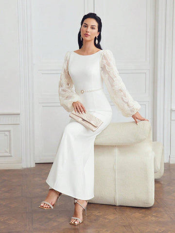 MOTF PREMIUM EMBROIDERY FLORAL MESH LANTERN SLEEVE MERMAID HEM DRESS