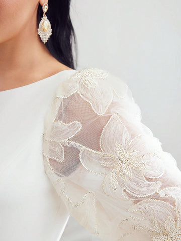 MOTF PREMIUM EMBROIDERY FLORAL MESH LANTERN SLEEVE MERMAID HEM DRESS
