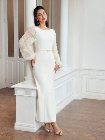 MOTF PREMIUM EMBROIDERY FLORAL MESH LANTERN SLEEVE MERMAID HEM DRESS