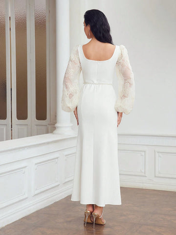 MOTF PREMIUM EMBROIDERY FLORAL MESH LANTERN SLEEVE MERMAID HEM DRESS