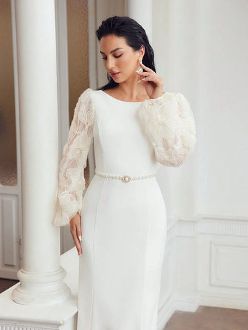 MOTF PREMIUM EMBROIDERY FLORAL MESH LANTERN SLEEVE MERMAID HEM DRESS