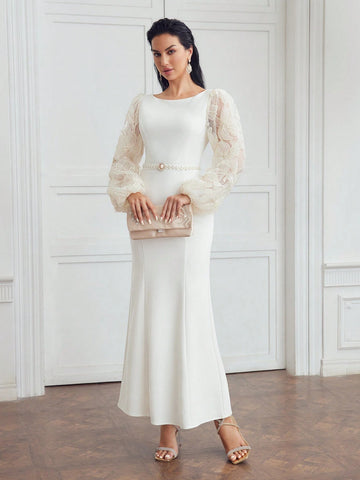 MOTF PREMIUM EMBROIDERY FLORAL MESH LANTERN SLEEVE MERMAID HEM DRESS