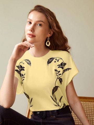 MOTF PREMIUM EMBROIDERY FLORAL PATTERN BATWING SLEEVE TEE