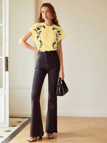 MOTF PREMIUM EMBROIDERY FLORAL PATTERN BATWING SLEEVE TEE