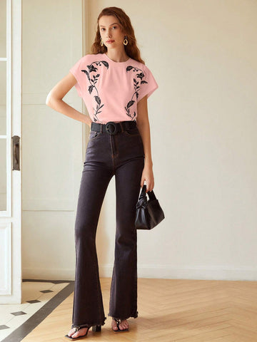 MOTF PREMIUM EMBROIDERY FLORAL PATTERN BATWING SLEEVE TEE