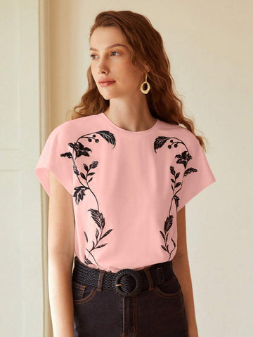 MOTF PREMIUM EMBROIDERY FLORAL PATTERN BATWING SLEEVE TEE