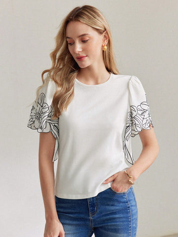 MOTF PREMIUM EMBROIDERY FLORAL PATTERN FLUTTER SLEEVE TEE