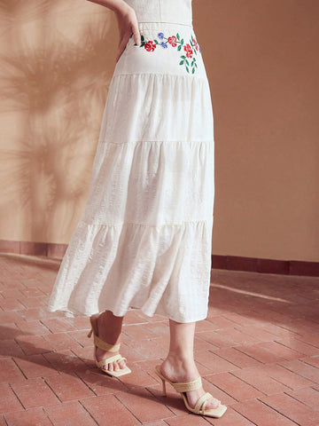 MOTF PREMIUM EMBROIDERY FLORAL PATTERN TIERED HEM SKIRT