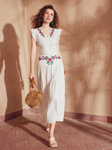 MOTF PREMIUM EMBROIDERY FLORAL PATTERN TIERED HEM SKIRT