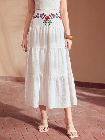 MOTF PREMIUM EMBROIDERY FLORAL PATTERN TIERED HEM SKIRT