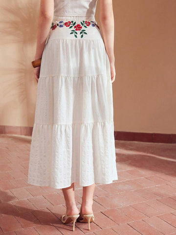 MOTF PREMIUM EMBROIDERY FLORAL PATTERN TIERED HEM SKIRT
