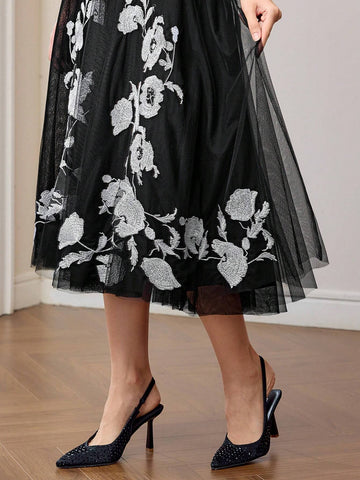 MOTF PREMIUM EMBROIDERY MESH FLARE SKIRT WITHOUT BELT