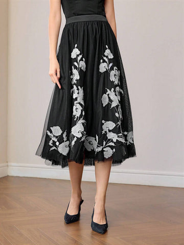 MOTF PREMIUM EMBROIDERY MESH FLARE SKIRT WITHOUT BELT