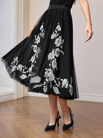 MOTF PREMIUM EMBROIDERY MESH FLARE SKIRT WITHOUT BELT
