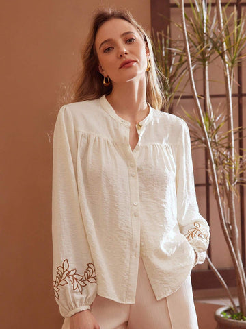 MOTF PREMIUM EMBROIDERY PLANTS PATTERN LANTERN SLEEVE SHIRT