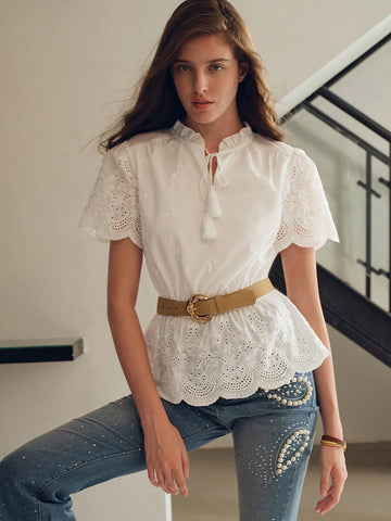 MOTF PREMIUM EYELET EMBROIDERY TIE NECK BLOUSE