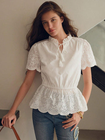 MOTF PREMIUM EYELET EMBROIDERY TIE NECK BLOUSE