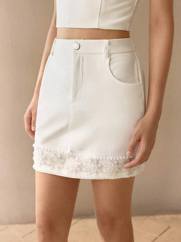 MOTF PREMIUM FAUX PEARL AND BEADED DETAIL SLANT POCKET SKIRT