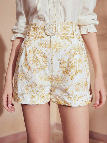 MOTF PREMIUM FLORAL EMBROIDERY BUCKLE BELTED SHORTS