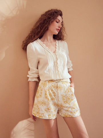 MOTF PREMIUM FLORAL EMBROIDERY BUCKLE BELTED SHORTS