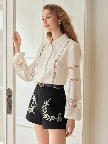 MOTF PREMIUM FLORAL EMBROIDERY ELASTIC WAIST SHORTS