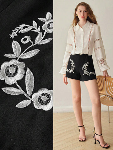 MOTF PREMIUM FLORAL EMBROIDERY ELASTIC WAIST SHORTS