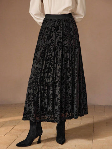 MOTF PREMIUM FLORAL MESH OVERLAY TIERED HEM SKIRT