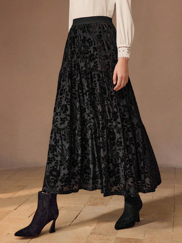 MOTF PREMIUM FLORAL MESH OVERLAY TIERED HEM SKIRT