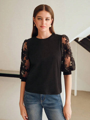 MOTF PREMIUM FLORAL PATTERN DOBBY MESH LANTERN SLEEVE TEE